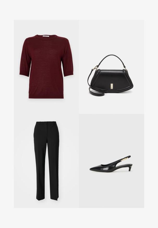 Burgunderfarbener Kurzarmpullover mit Rundhalsausschnitt, aus leichtem Stoff gefertigt, mit gerippten Akzenten an Ärmeln und Saum.; Schwarze, taillierte Hose mit geradem Bein, aus einem glatten Stoff und mit klaren Falten an der Vorderseite. Keine sichtbare Hardware.; Schwarze Leder-Slingback-Pumps mit spitzem Schuhblatt, ausgestattet mit einem schlanken Absatz und einem goldfarbigen Akzent am verstellbaren Riemen. Glatte Textur.; Schwarze Lederhandtasche mit einem strukturierten Design, das eine verkürzte Form, einen oberen Griff und goldfarbene Hardware-Details aufweist. Verstellbarer Schulterriemen ist enthalten.