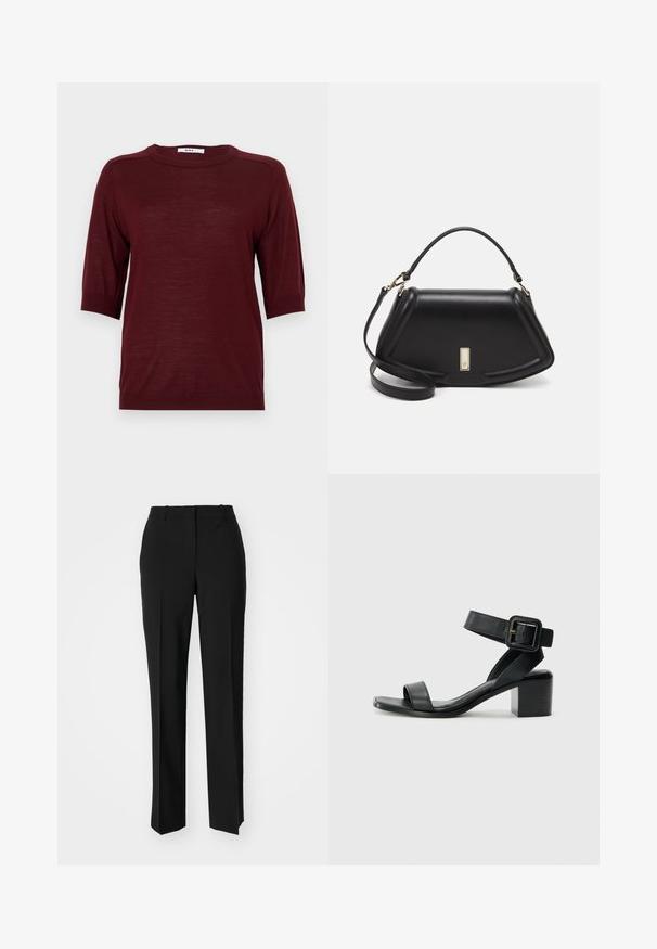 Burgunderfarbener Kurzarmpullover mit Rundhalsausschnitt, aus leichtem Stoff gefertigt, mit gerippten Akzenten an Ärmeln und Saum.; Schwarze, taillierte Hose mit geradem Bein, aus einem glatten Stoff und mit klaren Falten an der Vorderseite. Keine sichtbare Hardware.; Schwarze Leder-High-Heel-Sandale mit verstellbarem Knöchelriemen, offenem Zehendesign und quadratischem Blockabsatz. Glatte Textur, minimalistischer Stil.; Schwarze Lederhandtasche mit einem strukturierten Design, das eine verkürzte Form, einen oberen Griff und goldfarbene Hardware-Details aufweist. Verstellbarer Schulterriemen ist enthalten.