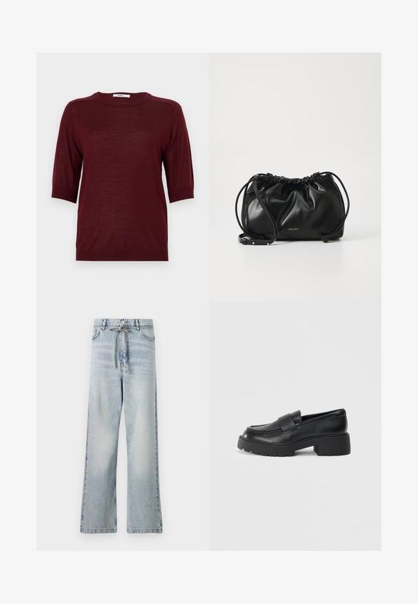 Bordowy sweter krótki rękaw z okrągłym dekoltem, uszyty z lekkiego materiału, z prążkowanymi akcentami przy rękawach i dolnym brzegu.; Jasnoniebieskie dżinsy typu wide-leg wykonane z denimu, z wysokim stanem, przednimi kieszeniami i detalem sznurka w talii. Efekt postarzania.; Czarne skórzane loafersy o teksturowanym wykończeniu, z prostokątnym paskiem na wierzchu i masywną, żebrowaną podeszwą.; Czarna skórzana torebka z marszczonym wzorem, podwójnym zapięciem na sznurki oraz odpinanym paskiem na ramię. Posiada metalowy detal z logo.