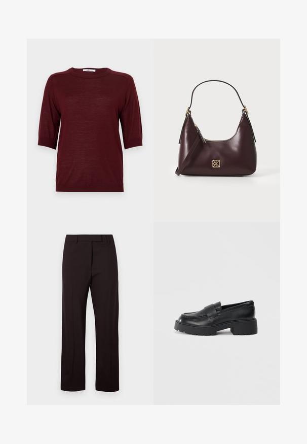 Burgundi värvi lühikeste varrukatega sviiter ümmarguse kaelusega, valmistatud kergest kangast, ribadega detailidega varrukatel ja alläärel.; Mustad, kohandatud püksid otse lõikega, millel on lame esiosa ja vöökohad. Valmistatud siledast, kergest kangast.; Musträid nahast loafertossud struktureeritud viimistlusega, millel on ristkülikukujuline rihm vampi üle ja jäme, soonikuga talla disain.; Burgundi värvi nahast käekott, millel on kumer kuju, kuldsed aksessuaarid ja lukuga sulgemine. Omab eemaldatavat õlarihma.