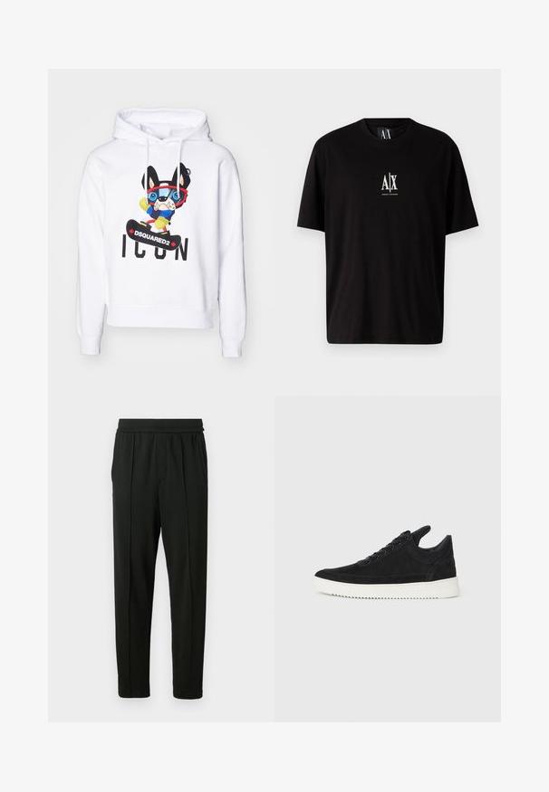 Bílá mikina s kapucí featuring barevného kresleného psa se brýlemi, modrým svetrem a žlutými rukavicemi, s potiskem "DSQUARED2 ICON" pod ním.; Černé bavlněné tričko s krátkými rukávy, kulatým výstřihem a malým bílým logem "A|X" umístěným na hrudi.; Černé kalhoty vyrobené z hladkého materiálu; mají elastický pas, postranní kapsy a zúžený střih nohavic. Minimalistické a jednobarevné.; Černé semišové tenisky s bílou gumovou podrážkou, s tónovým prošitím a šněrováním. Hladký povrch s moderním, aerodynamickým tvarem.