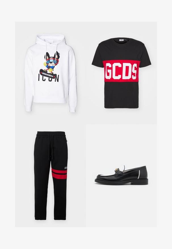 White hoodie featuring a colorful cartoon dog wearing glasses, a blue sweater, and yellow gloves, with "DSQUARED2 ICON" printed below.; GCDS BAND LOGO REGULAR - Print T-shirt - black; Black sweatpants with contrast red stripes and logo on the side. Features an elastic waistband with drawstring and tapered ankle cuffs.; Black leather loafer with a rounded toe, white accents, and gold hardware on the vamp. Features a textured patch and stacked heel.