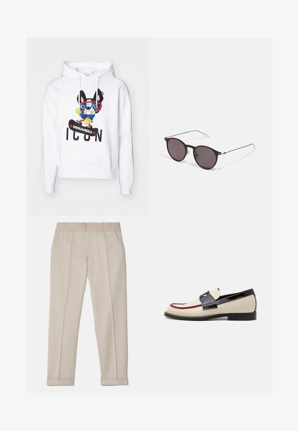 Felpa bianca con cappuccio caratterizzata da un colorato cane dei cartoni animati che indossa occhiali, un maglione blu e guanti gialli, con la scritta "DSQUARED2 ICON" stampata sotto.; Filippa K TERRY CROPPED TROUSERS - Pantaloni - sage melange; Mocassini beige con motivo stampato, striscia accentuata rossa e tacco nero lucido. Presentano una fascia con dettaglio a fibbia. Suola nera piatta.; Occhiali da sole neri rotondi con lenti scure e sottili bracci in metallo. Include punte trasparenti e accenti argentati alla cerniera. Design minimalista.