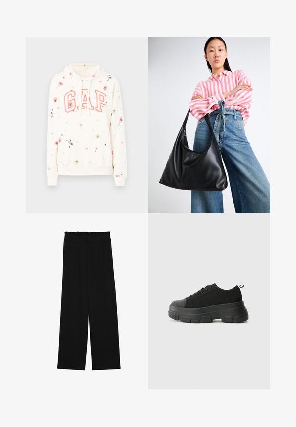 GAP HERITAGE - Φούτερ - white ditsy; Μαύρο παντελόνι με φαρδιά πόδια και ριχτό μέσο, που διαθέτει δύο πλαϊνές τσέπες και ύφασμα απαλό και ελαφρύ. Χωρίς ορατά μοτίβα ή μεταλλικά εξαρτήματα.; Μαύρα αθλητικά παπούτσια με χοντρή καουτσουκένια σόλα, υφασμάτινη υφή στην κορυφή, στρογγυλή μύτη και σχέδιο με κορδόνια. Διαθέτουν ενισχυμένα δαχτυλίδια και λαβή στο πίσω μέρος.; Μαύρη δερμάτινη τσάντα ώμου με χαλαρή σιλουέτα και λεπτομέρειες ραφής. Το μοντέλο φοράει μπλούζα με ροζ και λευκές ρίγες και μπλε φαρδιά τζιν παντελόνια.