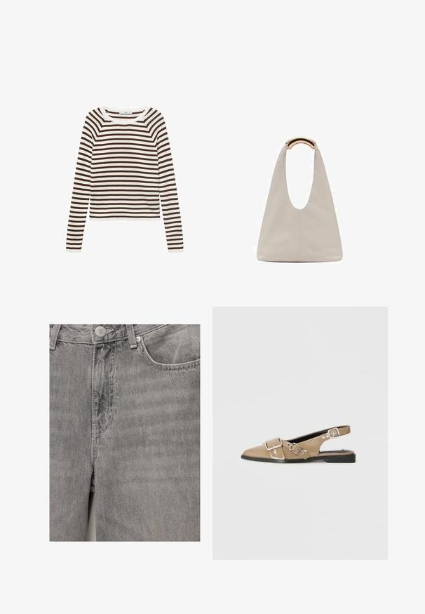 Tricou cu mânecă lungă, cu dungi orizontale maro și albe, realizat dintr-un material moale, cu guler rotund și design strâns.; Jeans din denim gri, cu o textură netedă, având închidere frontală cu nasture și fermoar, buzunare laterale și detalii subtile de cusătură.; Pantofi slingback bej din piele lacuită, cu vârful ascuțit, două catarame ajustabile și un toc mic negru. Textură netedă cu un finisaj lucios.; Geantă din piele gri deschis cu un design în formă de U și un mâner metalic curbat. Textură netedă cu cusături minime și fără modele vizibile.