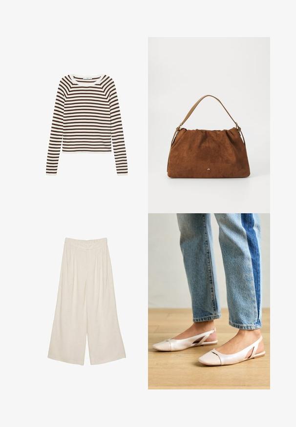 Un haut à manches longues avec des rayures horizontales marron et blanches, fabriqué dans un tissu doux avec un col rond et une coupe ajustée.; Pantalons large en lin de couleur beige clair avec un design plissé et une taille élastique pour plus de confort et de facilité d'enfilage.; Ballerines slingback rose pâle avec un bout pointu, fabriquées en un matériau semblable au cuir lisse. Présentent des découpes sur les côtés et un talon plat.; Sac à main en daim marron avec un design plissé, arborant une seule sangle en cuir beige et un discret logo doré à l'avant.