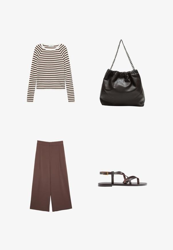 Maglia a maniche lunghe con strisce orizzontali marroni e bianche, realizzata in un morbido tessuto, con colletto rotondo e design aderente.; Pantaloni ampi marroni con una texture liscia, caratterizzati da una vita alta e pieghe frontali. Il tessuto è leggero e scorre liberamente.; Sandal in pelle marrone con cinturini incrociati, chiusura con cinturino alla caviglia e suola piatta con dettagli di cucitura minimi.; Borsa in pelle marrone con parte superiore arricciata e tracolla a catena. Texture liscia con finitura lucida e dettagli di cucitura sottili sui lati.