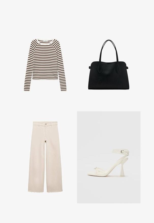 Dolga majica z dolgimi rokavi, okrašena s horizontalnimi črtami v rjavi in beli barvi, narejena iz mehkega materiala, s krožnim izrezom in oprijetim krojem.; Bež jeans hlače širokega kroja z visokim pasom, z zapiranjem na gumb, sprednjimi žepi in raztrganim robom. Narejene iz denima.; Sandal z visoko peto z naramnicami v beli usnjeni izvedbi s popolnim dizajnom, prozorno blok peto in dekorativnim elementom na prstih.; Črna usnjena torbica z dvema naramnima trakoma, pravokotne oblike in minimalističnim dizajnom na beli podlagi.