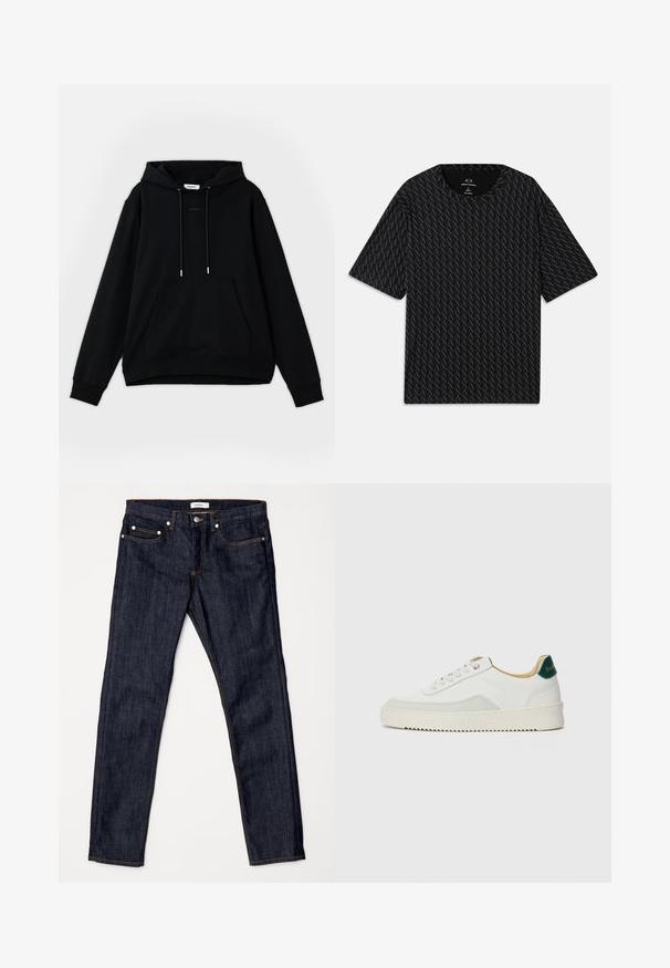 Svart hoodie i bomull. Har en framficka, justerbara dragsnören, ribbade muddar och en avslappnad passform. Textlogo på bröstet.; Svart T-shirt med ett strukturerat mönster av växlande 'A'-logotyper, korta ärmar och rundad halsringning. Tillverkad av lättviktsmaterial.; Mörkblå denimjeans med rak bendesign, med medelhög midja, kontrasterande orange sömnad och klassisk femficksdesign.; Vit sneaker med mockadetaljer, rund tå, platta snören och en krämfärgad gummisula. Har grön branding på hälen.