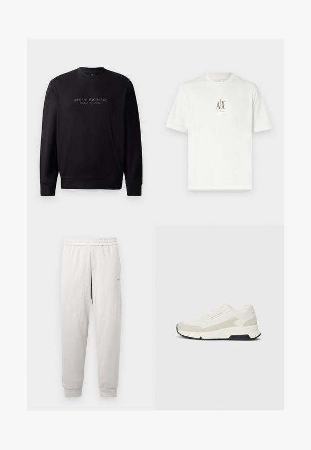 Sweatshirt preto de gola redonda com "ARMANI EXCHANGE MILANO / NEW YORK" em texto em relevo na frente. O tecido é suave e tem punhos canelados.; T-shirt de algodão branco com decote redondo. Apresenta um pequeno logótipo bege "A|X" e "ARMANI EXCHANGE" impresso abaixo. Mangas curtas, corte regular.; Calças de moletão cinza claro com uma cintura elástica, bolsos laterais, punhos canelados e uma marcação subtil na perna, feitas de um tecido suave.; Sapatilha baixa em branco e bege com atacadores à frente, sola preta e logótipo "Armani Exchange" na lateral e na sola.