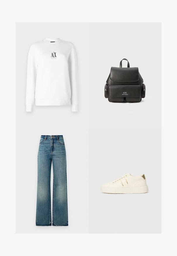 Balts džemperis ar garām piedurknēm, apaļu kaklu un melnu logotipu "A|X" uz krūtīm. Gluda tekstūra ar brīvu piegriezumu. Vienkāršs dizains, bez rakstiem.; Gaiši zili džinsi ar platu kāju dizainu, augsto jostasvietu, piecām kabatām un nedaudz saplēstiem apakšmalēm, demonstrējot teksturētu, izbalējušu apdari.; Krēmkrāsas zemas kedas ar zelta akcentiem, šņorēm un iegravētu "Armani Exchange" zīmolu uz zoles un sānu uzlīmes.; Melna ādas mugursoma ar atloku aizdari, priekšējo kabatu, sānu rāvējslēdzēju nodalījumus un augšējo rokturi. Iezīmēta ar logo detaļām priekšpusē.
