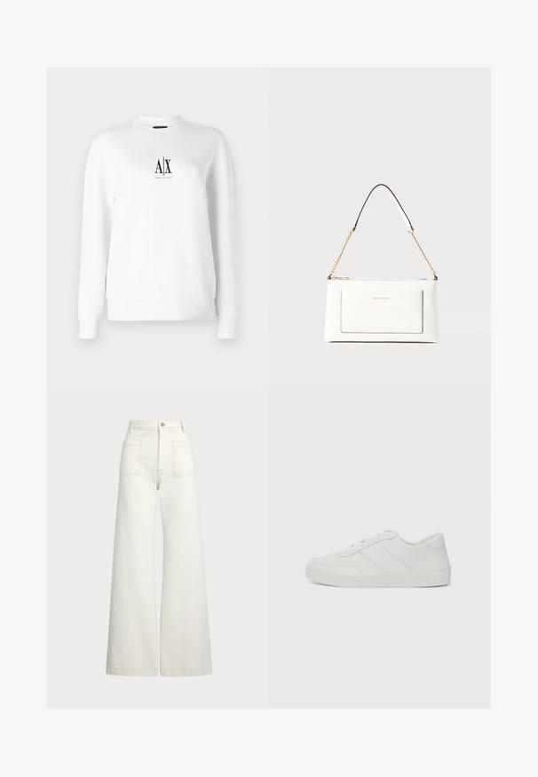 Bílá mikina s dlouhými rukávy, kulatým výstřihem a černým logem "A|X" na hrudi. Hladká textura s volným střihem. Jednoduchý design, bez vzorů.; Džíny s širokými nohavicemi v off-white denim. Vysoký pas s knoflíkovým zapínáním, dvě přední kapsy a detaily kontrastního šití.; Bílé kožené tenisky s plochými tkaničkami, zaoblenou špičkou a jemnými detaily šití. Disponují strukturovanou podrážkou a embosovaným logem značky na patě.; Bílá kožená kabelka s texturovaným povrchem, zdobená zlatým řetízkem a černými akcenty. Obsahuje přední kapsu a uzavírání na zip.