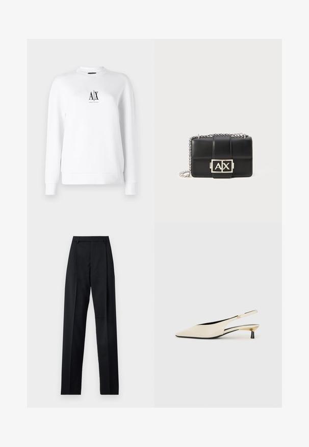 Sweatshirt branca com mangas compridas, punhos canelados e decote redondo. Apresenta um logótipo preto na parte da frente. Tecido liso e leve.; Calças pretas feitas de um tecido suave, com uma cintura alta, pernas largas, pregas frontais e passadores de cinto clássicos. Não há bolsos laterais visíveis.; Sapatos de salto slingback em couro patente bege com bico fino, um salto preto esbelto e detalhes em ouro metálico nas laterais.; Pasta de couro preto com design acolchoado, alça de corrente prateada e um proeminente logótipo prateado "AX" na frente. Forma retangular compacta.