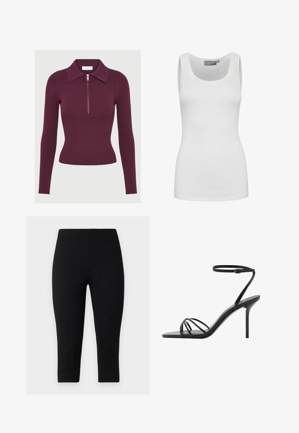 Dlhý rukáv ribbed pletený top v tmavo purpurovej farbe s golierom a predným strieborným zipsom, strih priliehavý.; Biele tielko vyrobené z jemnej, elastickej látky s okrúhlym výstrihom a úzkymi ramienkami. Má hladký povrch a priliehavý strih.; Čierne 3/4 legíny vyrobené z elastického materiálu, s priliehavým strihom a hladkou textúrou, bez viditeľných vzorov alebo akcentov.; Čierne lodičky na vysokom opätku s tenkým popruhom okolo členka, viacerými krížovými popruhmi cez nohu a elegantným štvorcovým špičkovým dizajnom.