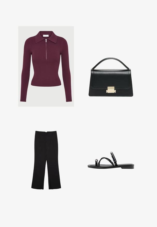 Dolga ribana pletena majica temno vijolične barve z ovratnikom in sprednjim srebrnim zadrgo, oprijet kroj.; Črne hlače ravnega kroja z naglavnimi žepi in stranskimi razporki na robu. Narejene iz mehke, gladke tkanine. Primerne za različne priložnosti.; Črne ravne sandale s sijajno končno obdelavo, tremi tankimi trakovi in okroglo kovinsko podrobnostjo na prstih. Elegantna zasnova z minimalnim peto.; Črna usnjena torbica z strukturiranim dizajnom, zgornjim ročajem in zlate kovinske sponke na sprednji strani. Gladka tekstura, minimalno šivanje.