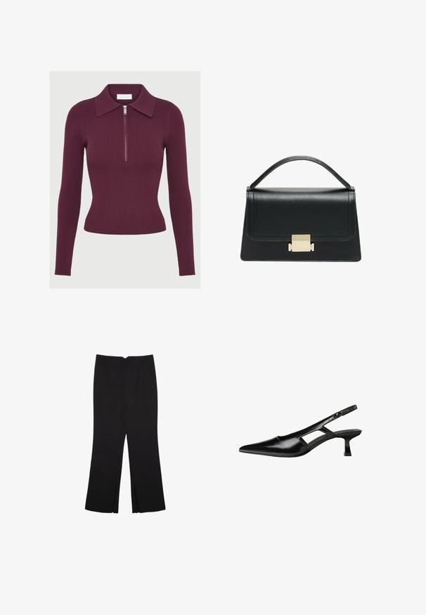 Dugih rukava rebrasti pleteni top u tamnoljubičastoj boji s okovratnikom i prednjim srebrnim zatvaračem, u uskom kroju.; Crne hlače ravnog kroja, s prednjim džepovima i bočnim prorezima na rubu. Izrađene od mekog i glatkog materijala. Pogodne za razne prigode.; Crne lakirane natikače na remenčić sa špicastim nosom, dizajnom sa izrezima sa strane i malim kvadratnim potplatom. Glatka tekstura s minimalnim akcentima.; Crna kožna torba s strukturiranim dizajnom, gornjom drškom i zlatnim metalnim kopčanjem na prednjoj strani. Glatka tekstura, minimalno šivanje.