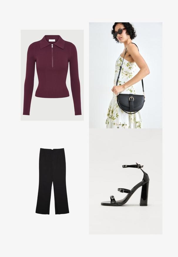 Långärmad ribbad stickad topp i mörk lila med krage och framfällig silverdragkedja, figurnära silhuett.; Svarta byxor med rak passform, utrustade med framfickor och sidoklyvningar vid fållen. Tillverkade av mjukt, slätt tyg. Lämpliga för olika tillfällen.; Svarta lackerade klacksandaler med fyrkantig tå, ankelremmar och silverfärgade spännen. Har en kraftig blockklack för stabilitet.; Svart läderhandväska med en böjd form, avtagbar rem och guldiga detaljer. Väskan har ett lock med en spänndetalj.