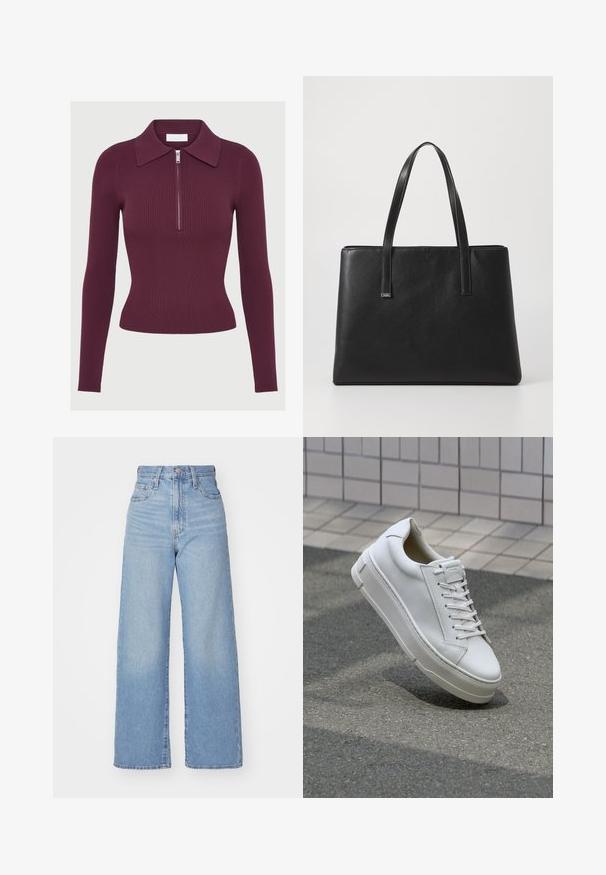 Long-sleeve ribbed knit top in dark purple with a collar and front silver zipper, fitted silhouette.; Light blue high-waist wide-leg jeans with front button and zip closure, front and back pockets, on a white background.; White leather sneaker with a low-top design, flat laces, rounded toe, and textured sides. Thick rubber sole with subtle accents.; Black leather tote bag with two long handles, rectangular shape, textured surface, and minimalistic design. No visible hardware or accents.