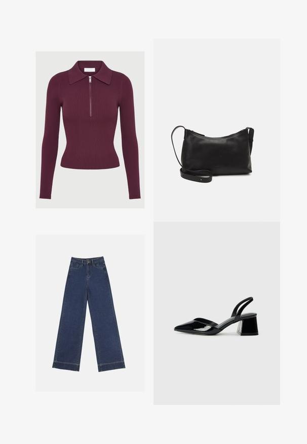 Langermet ribbestrikket topp i mørk lilla med krage og sølvglidelås foran, tettsittende silhuett.; Videbenede dressbukser i mørkeblå denim. Har fem lommer, beltestropper og en rå kant i bunden med synlige stikninger.; Svarte patentlær slingback hæler med spiss tå og geometrisk blokk hæl. Har et stilrent, minimalistisk design og jevn tekstur.; Svart skinn skulderveske med glatt tekstur, buet form, justerbar stropp og glidelås. Minimalistisk design uten dekorasjoner.