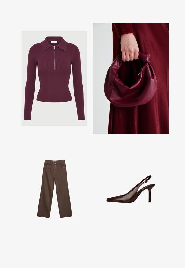 Langarm-Rippstrickoberteil in Dunkellila mit Kragen und silbernem Reißverschluss vorne, eng anliegende Silhouette.; Weite braune Jeans aus Denim, mit hoher Taille, Fronttaschen und klassischem Knopfverschluss. Glatte Textur mit feinen Nähten.; Braune Leder-Slingback-Pumps mit spitzer Zehenform und dünnem Absatz. Sie verfügen über eine kleine Akzent-Schnalle am Riemen und eine glänzende Oberfläche.; Burgunderleder-Handtasche mit einem weichen, gerafften Design und einer gerundeten Form. Der Griff ist gesichert und zeigt eine glatte Textur.