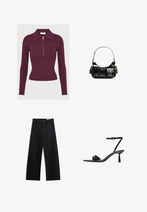 Top cu mânecă lungă din tricot ribit de culoare mov închis, cu guler și fermoar frontal argintiu, siluetă ajustată.; Pantaloni din denim negri cu picioare largi, cu talie înaltă, având buzunare frontale și posterioare, cusături dublate și închidere cu nasture. Textură netedă.; Bershka Sandale cu toc - black; Geantă de mână din piele lăcuită neagră, cu o formă curbată, un umăr, buzunare frontale și accente din metal argintiu.