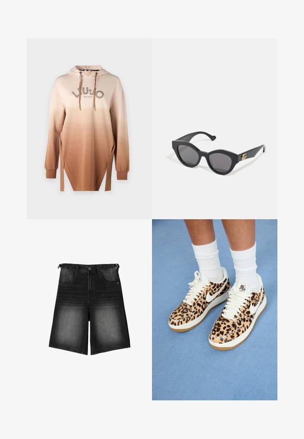 Hanorac cu glugă în degradé de bej către maro, prezentând un logo cu finisaj metalic, fante laterale și manșete ribbate. Textură netedă și moale.; Shorts din denim negru cu un finisaj decolorat, cinci buzunare, închidere cu nasture și detalii pentru curea. Materialul are o textură netedă.; Adidași Nike Air Force 1 cu imprimeu de leopard, cu șireturi și swoosh albe, având o talpă din cauciuc bej și un material texturat. Sosete albe de tip crew vizibile.; Ochelari de soare negri cu un design unghiular, în formă de ochi de pisică, cu lentile întunecate. Accente ale logo-ului aurit pe brățară. Ramă din plastic neted.
