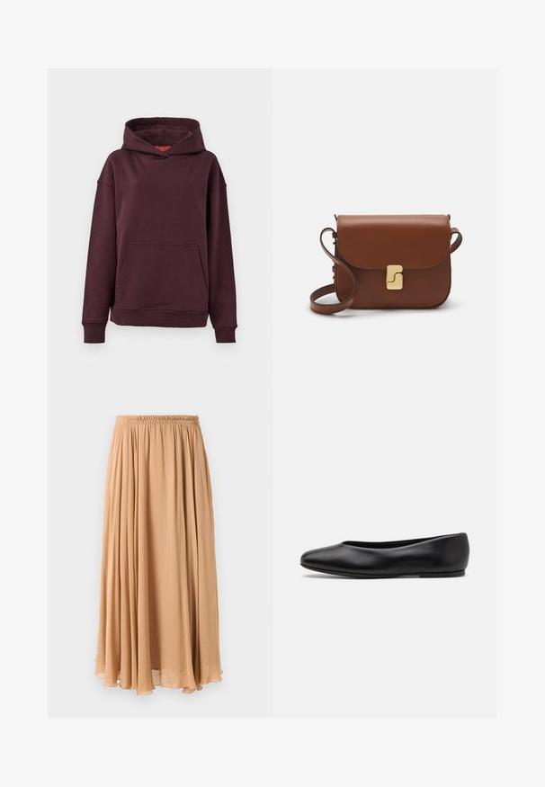 Burgundy huppari, jossa on kengurupussi, leveät hihat ja tilava huppu. Valmistettu pehmeästä, joustavasta puuvillasekoitekankaasta.; Maxihame vaaleanbeigeä, valmistettu ilmavasta kankaasta. Siinä on kokoontuva joustavyötärö ja pehmeät poimut liikkumista varten.; Paul Smith TOPANGA - Ballerinat - black; Ruskea nahkainen käsilaukku, jossa on läppäkiinnitys, kultasävyiset yksityiskohdat, olkahihna ja sileä pinta. Kompaktin suorakaiteen muotoinen.