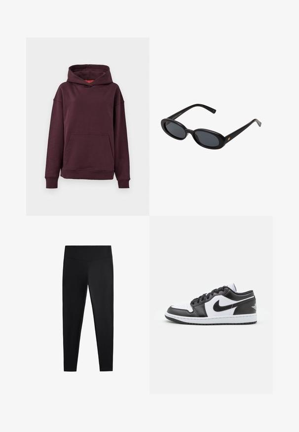 Burgundy hoodie featuring a kangaroo pocket, wide sleeves, and a spacious hood. Made from soft, stretchy cotton blend fabric.; Black leggings made of smooth, stretchy fabric. Features a wide waistband and tapered leg design, suitable for active or casual wear.; Black and white Nike low-top sneakers feature a smooth leather upper, round toe, lace-up closure, and a patterned rubber outsole.; Black oversized sunglasses with oval lenses, smooth plastic frame, and gold accents on temple. Dark lenses provide sun protection.
