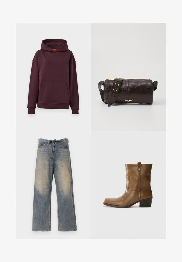 Burgundijska dukserica s kenguruvim džepom, širokim rukavima i prostranom kapuljačom. Izrađena od mekane, rastezljive mješavine pamuka.; Svjetloplave traperice s opuštenim, ravnim krojem. Imaju izgužvane, izblijedjele i oštećene detalje u blizini koljena. Klasičan stil s pet džepova.; Smeđa kožna cipela do gležnja sa četvrtastim vrhom, teksturiranim finišem i niskim složenim potpeticom. Ima stražnju petlju za navlačenje i suptilne detalje šivanja.; Smeđa torba od kože s embosiranim krokodilskim uzorkom, cilindričnog oblika, zlatne hardverske detalje i odvojivu naramenicu sa čavlima.