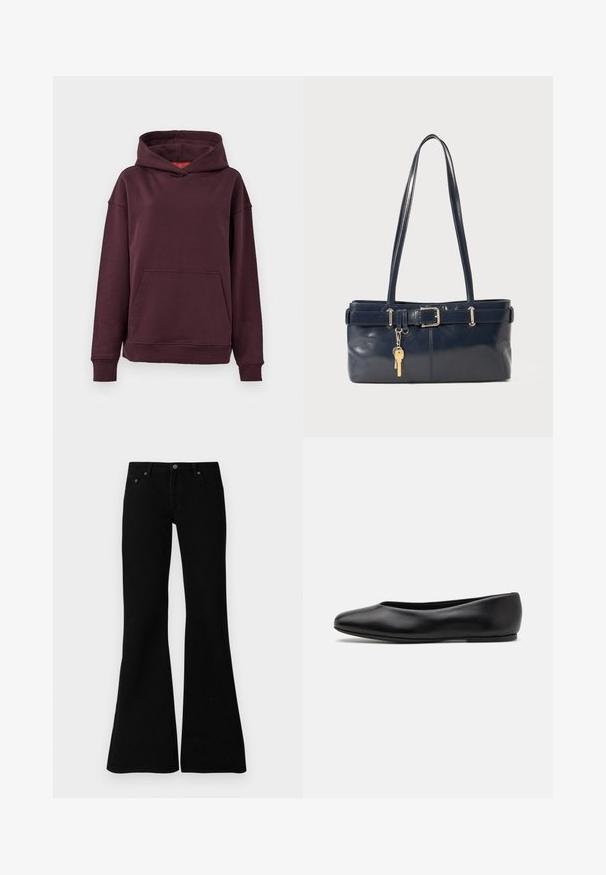 Burgunderfarbener Hoodie mit Kängurutasche, weiten Ärmeln und einer geräumigen Kapuze. Aus weichem, elastischem Baumwollgemisch gefertigt.; Schwarze Bootcut-Jeans aus Denim, die über ein klassisches Fünf-Taschen-Design, einen Knopfverschluss und dezente Nähte entlang der Säume verfügen.; Paul Smith TOPANGA - Klassischer Ballerina - black; Marineblaue Lederhandtasche mit zwei langen Griffen, einer Schnallen-Detailierung und einem daran befestigten Schlüsselanhänger. Besitzt eine glatte Textur und eine rechteckige Form.