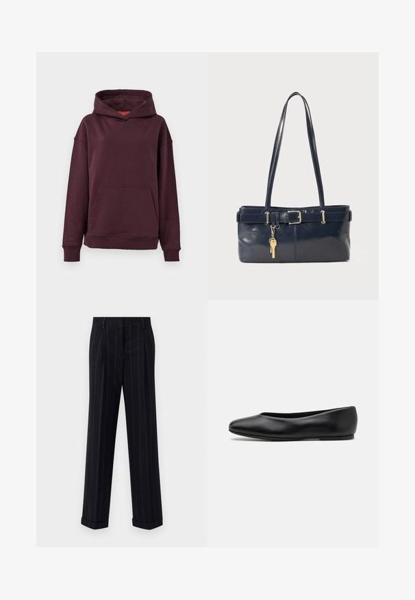 Bordeaux hoodie met een kangaroo zak, ruime mouwen en een grote capuchon. Gemaakt van zachte, rekbare katoenmix stof.; Zwarte broek met streepjes in een getailleerde pasvorm, voorzien van een omgeslagen zoom en voorplooien. Gemaakt van een gladde stof met een gestructureerd ontwerp.; Paul Smith TOPANGA - Ballerina's - black; Marine leren handtas met twee lange hengsels, een gespdetail en een sleutelhanger eraan bevestigd. Heeft een gladde textuur en een rechthoekige vorm.