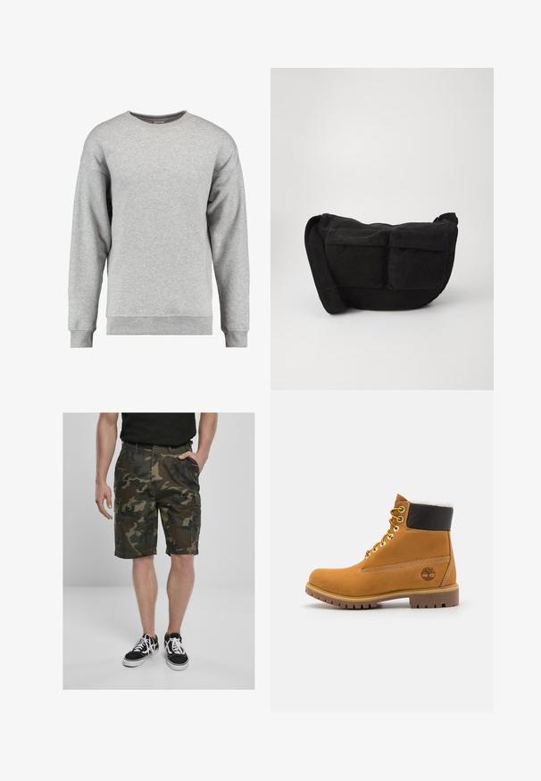 Pullover grigio a manica lunga realizzato in morbido cotone. Presenta maniche lunghe, polsini e orlo a costine, e un design semplice e senza ornamenti.; Pantaloni cargo mimetici con tasche cargo, realizzati in tessuto intrecciato in tonalità di verde e marrone. Abbinati a scarpe da ginnastica nere con lacci bianchi.; Stivale alla caviglia in pelle marrone con occhielli metallici, fodera in pelliccia bianca, colletto imbottito nero, suola robusta e logo impresso sul lato.; Borsa a tracolla in corduroy nero con spallaccio regolabile, dotata di tasche frontali e una texture morbida. Design compatto con dettagli minimi.