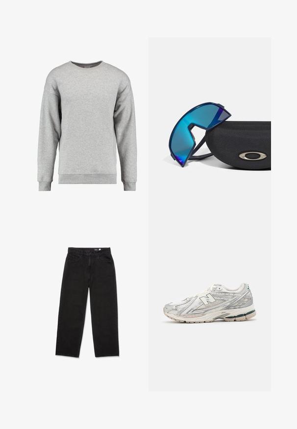 Szara bluza z okrągłym dekoltem wykonana z miękkiej bawełny. Posiada długie rękawy, ściągacze przy rękawach i na dole oraz prosty, nieozdobiony design.; Czarne dżinsy o prostym kroju, pięć kieszeni, z zapięciem na zamek błyskawiczny i guzik. Materiał jest teksturowany i trwały.; Buty biegowe mają srebrno-białą siateczkową cholewkę z zielonym akcentem. Podeszwa jest masywna i teksturowana, zaprojektowana z myślą o amortyzacji i wsparciu.; Niebieskie okulary przeciwsłoneczne w sportowym stylu, z efektem wraparound, leżące na teksturowanym czarnym etui z metalowym akcentem logo.