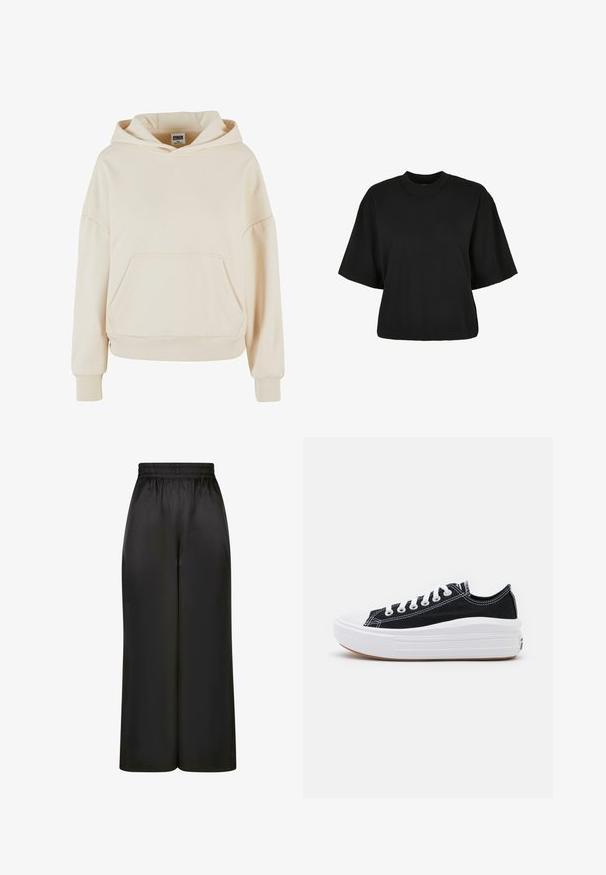 Krēmkrāsas kapuce, izgatavota no mīksta kokvilnas auduma, ar priekšējo kabatu, ribotām piedurknēm un kapuces aukliņu.; Melnas īsā piegriezuma T-kreklis no kokvilnas. Tam ir īsas piedurknes un apaļa izgriezne. Gluda tekstūra ar vienkāršu dizainu, bez papildu rakstiem.; Melni plaši bikses, izgatavotas no gludas, spīdīgas auduma, ar elastīgu jostu un bez redzamām kabatām vai aparatūras detaļām.; Melni kanvas sporta apavi ar baltām šņorēm, baltu gumijas purngalu un masīvu baltu zoli. Iezīmējas ar smalku baltu šuvumu un gumiju zoli.