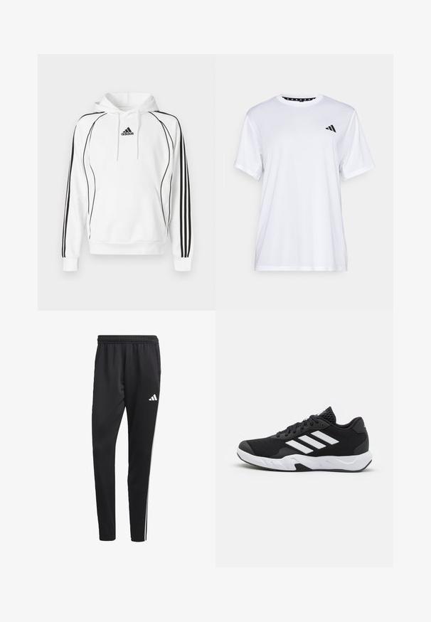 Vit huvtröja med svarta detaljer och tre ränder längs ärmarna. Har en känguruficka och en logga på bröstet.; Vit sporttopp med kort ärm, tillverkad av fukttransporterande tyg. Har en svart logotyp på vänster bröst och ett mönstrat inre halsringning.; Svarta träningsbyxor med elastisk midja, vita sidostreck och en liten vit logotyp på låret. Tillverkade av ett slätt, lätt material.; Svarta sportskor med ett texturerat nätövre, vita accentlinjer, en dämpad sula och en förstärkt häl för stöd.