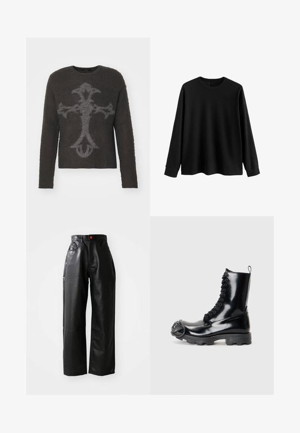 Tumma harmaa neule, jossa on pitkät hihat, pyöreä pääntie ja pörröinen pinta. Siinä on suuri, tyylitelty risti-kuvio vaaleammassa harmaassa värissä.; Mustakankaiset pitkähihainen neule, joka on valmistettu pehmeästä kankaasta. Siinä on pyöreä pääntie, rento istuvuus ja ribbatut hihansuut. Minimalistinen muotoilu ilman lisäkuvioita.; Mustat keinonahkavsakousut, joissa on korkea vyötärö, näkyvät taskut ja punainen nappi yksityiskohtana. Vaatteilla on sileä ja kiiltävä pinta.; Musta lakkapintainen taistelukenkä kiiltävällä pinnalla, nauhakiinnitys, paksu kumipohja ja erottuva etuosan metalliosuus.