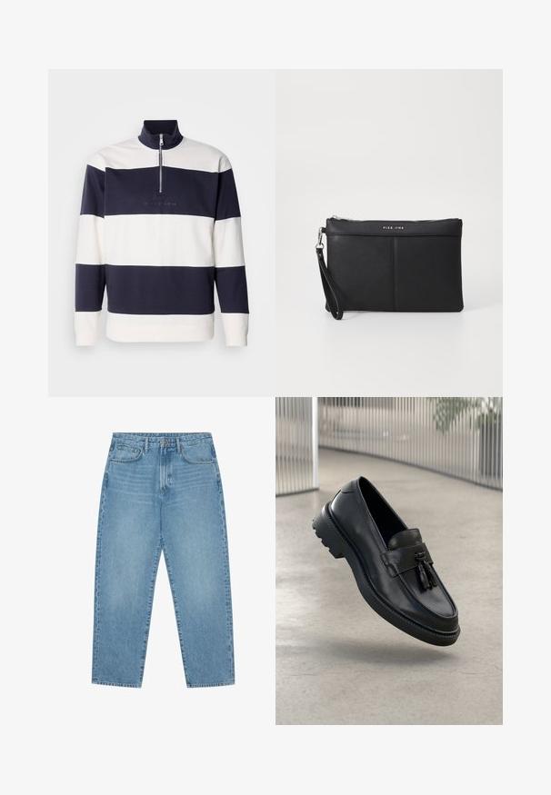 Pullover a righe blu marino e bianche con colletto alto e zip a quarto. Materiale in cotone morbido, presenta un logo ricamato sul davanti.; Jeans in denim azzurro chiaro con taglio a gamba dritta, design a cinque tasche e una texture leggermente slavata. Presentano una chiusura con bottone e zip.; Mocassini in pelle nera con finitura liscia, nappe decorative, suola spessa in gomma e dettagli cuciti. Design leggero ed elegante.; Clutch sintetico nero con chiusura a zip, cinturino da polso e una texture liscia. Presenta cuciture sottili e un logo impresso sul davanti.