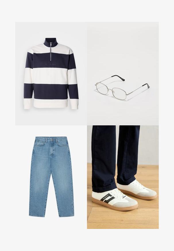 Pullover a righe blu marino e bianche con colletto alto e zip a quarto. Materiale in cotone morbido, presenta un logo ricamato sul davanti.; Jeans in denim azzurro chiaro con taglio a gamba dritta, design a cinque tasche e una texture leggermente slavata. Presentano una chiusura con bottone e zip.; Sneakers bianchi e grigi con strisce nere, realizzati in pelle, dotati di suola in gomma e lacci piatti. Indossati con pantaloni blu navy su un pavimento in legno.; Occhiali in metallo con montatura ovale, cornici argentate e lenti trasparenti. Aste sottili e dritte con punte nere, design minimalista.