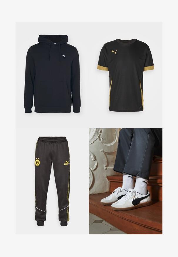 Felpa nera in cotone misto, con tasca frontale, cappuccio con cordini e piccolo logo bianco sul petto. Tessuto liscio.; T-shirt sportivo nero con dettagli dorati sulle maniche e sui fianchi. Presenta un colletto rotondo, maniche corte e tessuto traspirante DRYCELL.; Pantaloni sportivi neri con loghi gialli di Borussia Dortmund BVB 09 e Puma King, vita elasticizzata e righe laterali gialle con motivo.; Sneakers Puma in suede bianco e nero, con suola in gomma marrone. Abbinati a calzini bianchi con logo nero, indossati con pantaloni scuri.