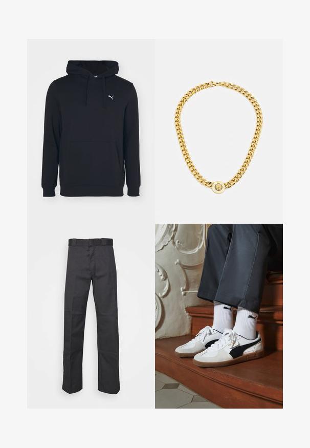Pamutkeverékból készült fekete kapucnis pulóver, elöl zsebbel, húzózsinóros kapucnival és kis fehér logóval a mellkason. Simább textúra.; Fekete nadrág tartós anyagból, egyenes szárú kivitelben, övhurkokkal ellátott derékkal és további textúrát adó varratokkal.; Fehér és fekete velúr Puma sportcipők, barna gumitalppal. Fehér zoknival párosítva, amely fekete logót visel, sötét nadrággal kombinálva.; Arany lánc nyaklánc nagy, egymásba fonódó gyűrűkkel, középen egy kiemelkedő emblémával ellátott kört alakító medállal.