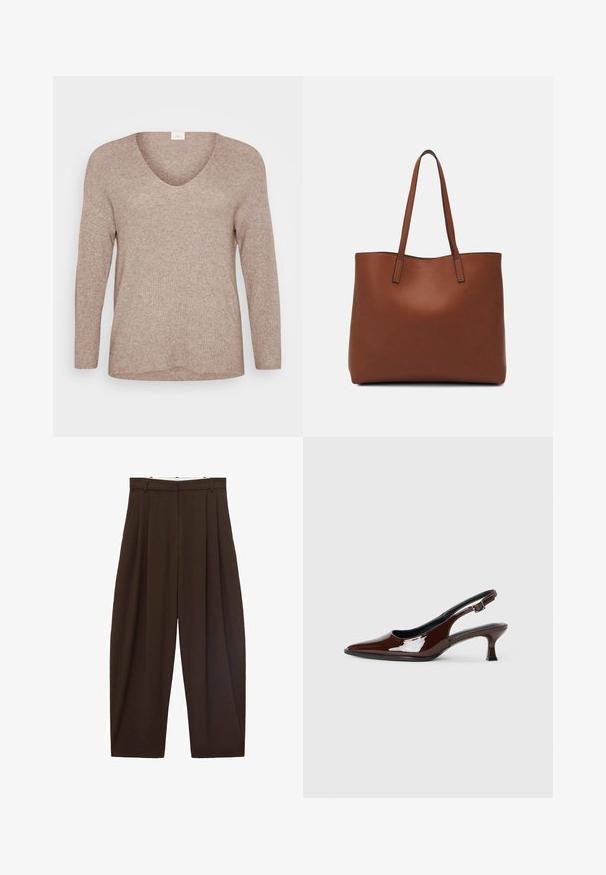 Pulover ribot, de culoare maro deschis, cu mâneci lungi și decolteu în V. Textură netedă, cu o croială lejeră și tiv drept. Fără modele sau accente vizibile.; Pantaloni maronii cu talie înaltă, cu pliuri, confecționați dintr-un material neted. Croi lejer, model cu picior drept, având bucle pentru curea și închidere cu fermoar.; Pantofii slingback din piele patent maro, cu vârful ascuțit și un toc moderat. Prezintă o curea cu prindere pentru o potrivire sigură. Textură netedă.; Geantă de umăr din piele maro cu o textură netedă, design cu vârf deschis și două curele pentru umăr. Prezintă cusături minime și fără componente metalice vizibile.