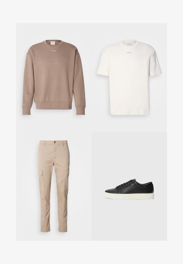 Brown sweater with long sleeves, ribbed cuffs and hem, crew neckline, and a small white logo on the chest. Smooth fabric texture.; White cotton T-shirt featuring a round neck, short sleeves, and embroidered "Calvin Klein" logo at the chest center. Plain design.; Brown button-up shirt with a collar, long sleeves, a chest pocket, and smooth texture. Features grey buttons along the front.; Beige cargo pants with two side pockets, slim fit, made of lightweight fabric, featuring a front button closure and belt loops.; Black leather sneakers with perforated texture, round toe, and flat white rubber sole. Features black laces and a subtle logo on the side.