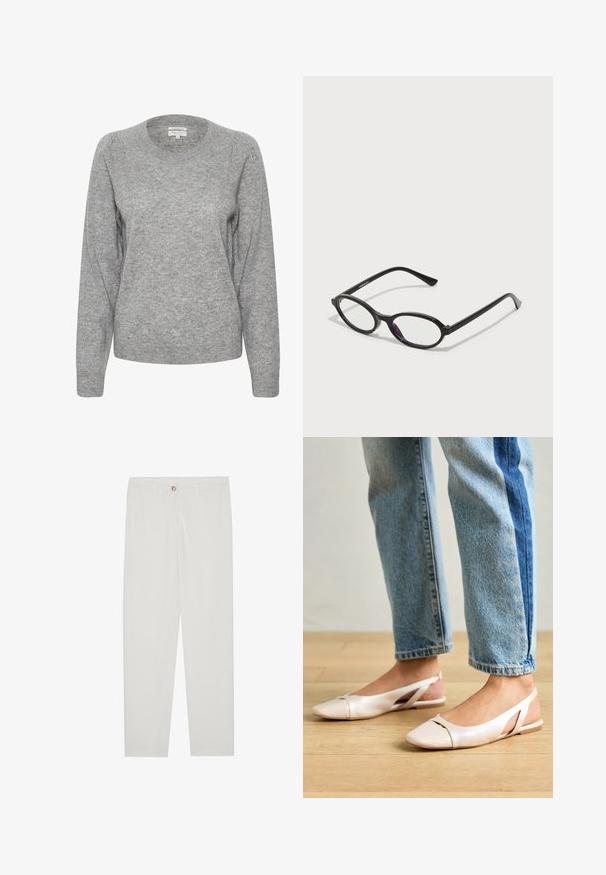 Pull gris avec un col rond, des manches longues et des bords côtelés. Le tissu semble doux avec une texture légère et une coupe légèrement ample.; Pantalon blanc sur mesure avec une coupe droite, doté d'une fermeture à bouton, de passants de ceinture et de poches latérales ; texture de tissu lisse.; Ballerines slingback rose pâle avec un bout pointu, fabriquées en un matériau semblable au cuir lisse. Présentent des découpes sur les côtés et un talon plat.; Lunettes à monture ovale noire avec des accents translucides violets sur les verres. La monture a une finition mate et des branches fines et droites.; Sac à main en cuir blanc au design structuré, doté d'un fermoir magnétique et d'une bandoulière, présenté sur un fond neutre.