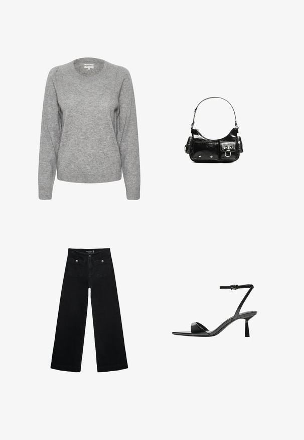 Sivi pulover s okruglim izrezom, dugim rukavima i rebrastim manžetama. Tkanina izgleda mekano s laganom teksturom i nešto slobodnim krojem.; Crne široke traperice s visokim strukom, koje imaju dva prednja džepa i metalne gumbe kao ukrase. Tkanina ima glatku teksturu.; Bershka Sandale s visokom petom - black; Crna patentna kožna torba s zakrivljenim oblikom, jednim remenom za rame, prednjim džepovima i akcentima od srebrnog tona.