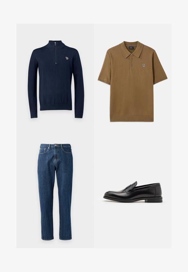 Ναυτικό πλεκτό πόλο με ψηλό γιακά και μισό φερμουάρ. Διαθέτει μικρό κεντημένο λογότυπο ελέφαντα στο στήθος. Μακρύ μανίκια.; Καφέ πόλο μπλούζα φτιαγμένη από μαλακό ύφασμα με αναδιπλούμενο γιακά, τρία κουμπιά και ένα μικρό πολύχρωμο ριγέ λογότυπο αλόγου στο στήθος.; Σκούρες μπλε τζιν παντελόνες με κανονική εφαρμογή, ορατές ραφές, σχέδιο με πέντε τσέπες και κουμπί κλεισίματος στη μέση.; Μαύρες δερμάτινες μπαλαρίνες με λεία υφή, στρογγυλή μύτη και διακοσμητική ταινία πάνω από το επάνω μέρος. Χαμηλός καπιτώνας, μινιμαλιστικός σχεδιασμός.