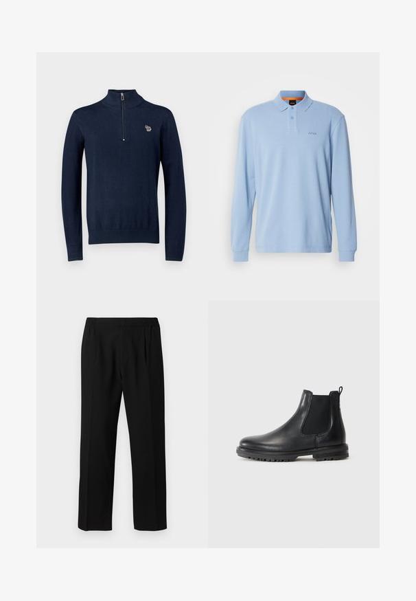 Marineblå strikket genser med høy krage og halvveis glidelås. Har et lite brodert elefant-logo på brystet. Lange ermer.; Lyseblå langermet poloskjorte i teksturert stoff med krage og to-knappslukking, med brodert "BOSS"-logo på brystet.; Svarte bukser laget av et glatt stoff, med elastisk liv, rett ben-design og to frontfold for ekstra detaljer.; Sorte skinn Chelsea-støvler med elastiske sider, bærestropp, avrundet tå og robust såle med grep-groove.