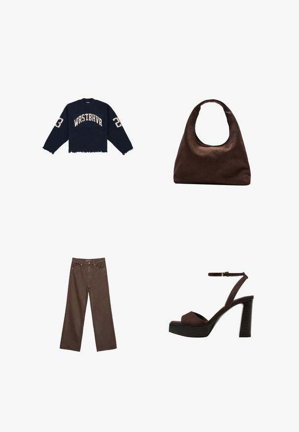 Navy-rippstrickpullover mit verkürztem Design, fransigem Saum und auffälliger cremefarbener Schrift "WRSTBHVR" sowie den Zahlen "2" und "3" an den Ärmeln.; Weite braune Jeans aus Denim, mit hoher Taille, Fronttaschen und klassischem Knopfverschluss. Glatte Textur mit feinen Nähten.; Braune Wildleder-Pumps mit offenem Zeh, verstellbarem Knöchelriemen und gestreiftem Plateausohlen.; Weiche braune Hobo-Stil Handtasche mit einem einzigen breiten Trageriemen und einer geschwungenen Oberteilöffnung, auf einem weißen Hintergrund präsentiert.