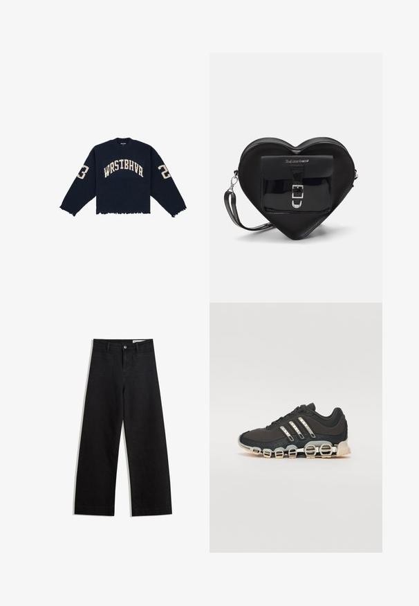 Navy-rippstrickpullover mit verkürztem Design, fransigem Saum und auffälliger cremefarbener Schrift "WRSTBHVR" sowie den Zahlen "2" und "3" an den Ärmeln.; Schwarze weit geschnittene Jeans mit hoher Taille, ausgestattet mit Vorder- und Hintertaschen, gesteppten Nähten und einem Knopfverschluss. Glatte Textur.; Schwarzer Sportschuh mit einer strukturierten Oberseite, drei silbernen Streifen und einer markanten Dämpfungssohle mit mehreren integrierten Sektionen.; Schwarze, herzförmige Tasche aus Lackleder mit einer Vordertasche, die über einen Schnallenverschluss verfügt, sowie einem abnehmbaren Trageriemen. Silberne Hardware-Details.
