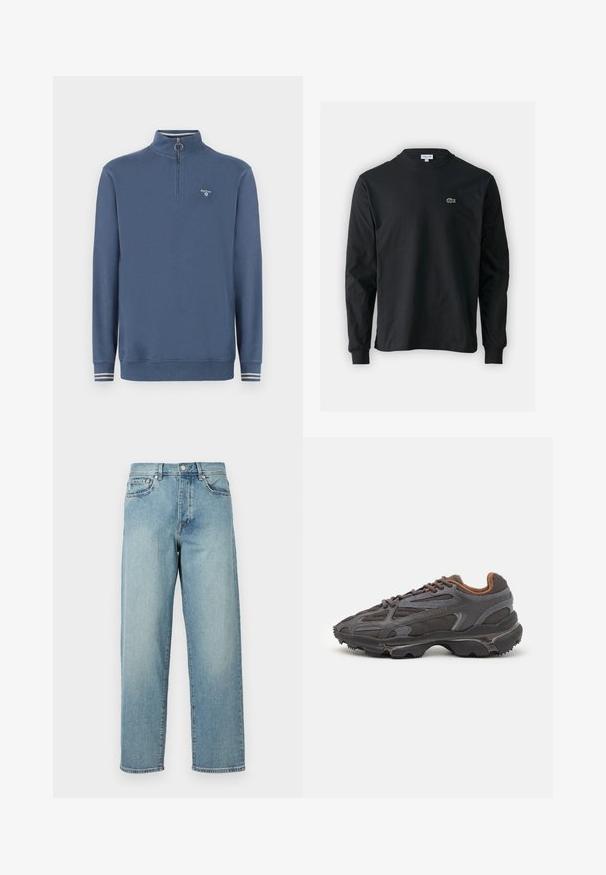 Pulôver de fleece azul com gola alta com zíper, mangas longas e punhos canelados com riscas brancas. Logótipo na área do lado esquerdo do peito.; Camisola preta de manga longa feita de algodão, com decote redondo e um pequeno logótipo de crocodilo bordado em verde no lado esquerdo do peito.; Jeans de denim azul claro com um corte solto, pernas retas, design de cinco bolsos e fecho de botão na cintura. Detalhe de costura minimalista.; Ténis Lacoste em cinza-escuro com material em malha e sintético, apresentando uma sola texturizada e detalhes castanhos na gola e na marca.