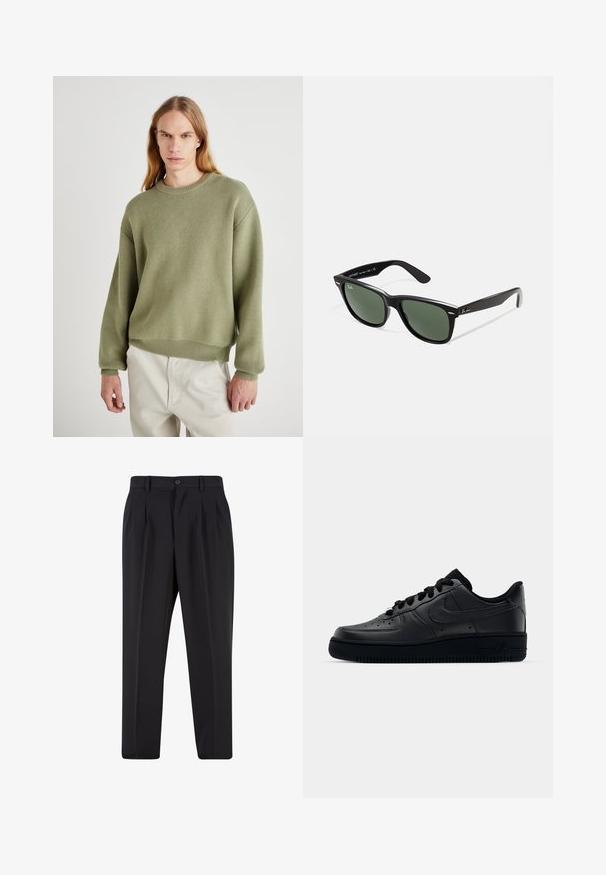 Roheline kudum, millel on ümar kaelus, allalastud õlad ja soonikkoes varrukate otsad. Tekstuur on pehme, riietus on lõdva sobivusega ja minimaalse detailitöötlusega.; Valge puuvillane t-särk lühikeste varrukatega, ümmarguse kaelusega, lõdva lõikega ja ilma nähtavate logodeta või mustriteta. Sile tekstuur ja minimaalne disain.; Mustad püksid, millel on voltidega eesmine disain, valmistatud siledast kangast. Omab nup closure ja vöökinnitusauke; sirge jalgade lõige.; Mustad Nike Air Force 1 tossud musta sileda nahast, perforatsioonidega varvas hingavuse tagamiseks, mustad paelad ja tekstureeritud kummitald.; Mustad mustan plastiku prillid roheliste läätsedega, ruudukujulised raamid, hõbedane aksent kulmude peal ja tekstuuriga tempelkäed. Brändi nimi on märgitud sisevarrele.